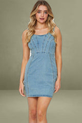 Blue Zip Mini Scoop Neck Denim Dress