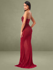 Burgundy Crystal Sleeveless Corset Mermaid Maxi Dress