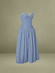 Zadie Cotton Denim Drop Waist Embroidery Flower Midi Dress