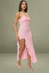 Pink Maxi Ruffle Slit Chiffon Bodycon Dress