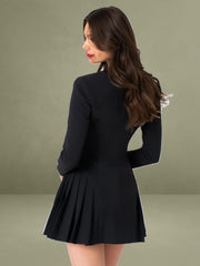Ria Black Blazer Mini Dress with Crystal Button and Pleated Detail