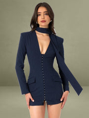 Tahlia Deep V Pinstripes Navy Blue Blazer Dress with scarf collar