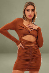 Brown Twist Front Ruched Bodycon Dress