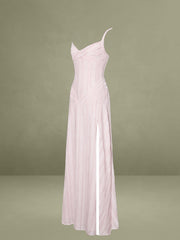 Mallory Baby Pink Stripe Jacquard High Slit Gown