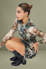 Multi Print Bodycon Dress Ruched Side Long Sleeve Mini