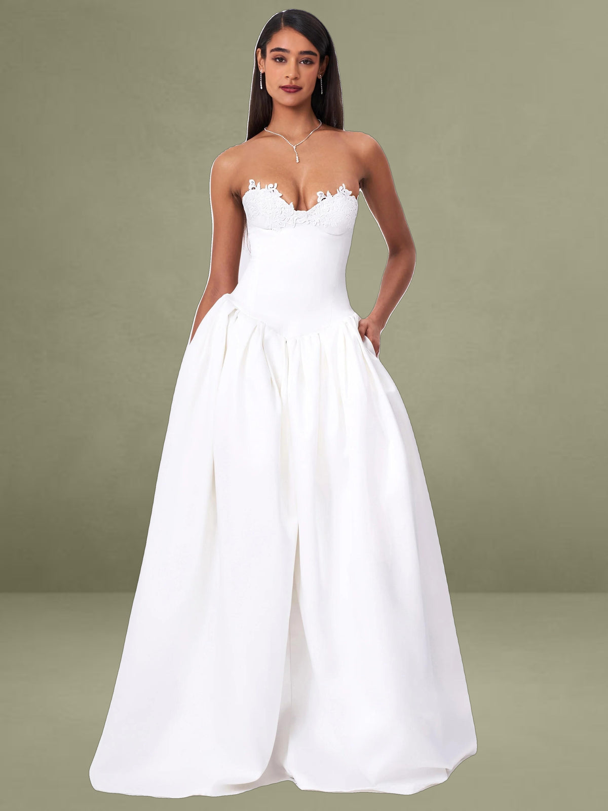 Naila Lace Trim Strapless Drop Waist Wedding Gown