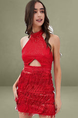 Red Party Bodycon Halter Mini Dress Tassels