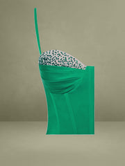 Vanity Green Satin High Slit Draping Corset Gown With Crystals