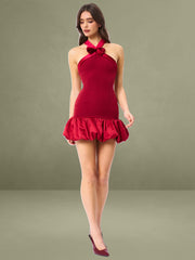 Red Cross Straps Bodycon Mini Dress with Bubble Hem