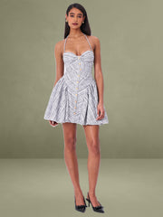 Melody Black and White Plaid Tweed Halter Drop Waist Mini Dress