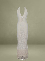 Off-White Double Fringe Crochet Halter Maxi Dress