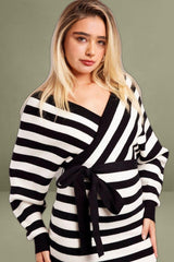 White Stripe Wrap Neck Knit Bodycon Dress