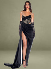 Callie Black Lace Satin Corset High Slit Gown