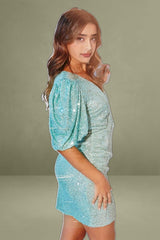 Metallic Sequin Dress Puff Sleeve Wrap Front