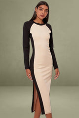Beige Midi Dress Long Sleeve Round Neck Raglan Two-tone