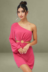 Pink Fuchsia One Shoulder Ring Detail Dress