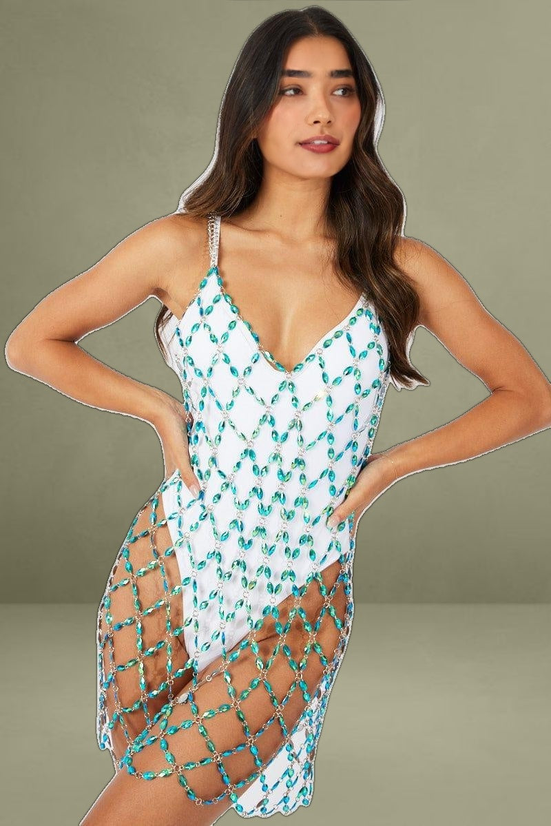 Blue Diamante Strap Bodycon Dress Evening Party