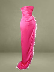 Perrin Fuchsia Pink Feather Dress High Slit Gown