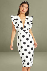 Black Polka Dot Midi Dress Plunge Ruffle Shoulder Oversized Polka