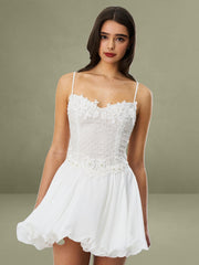 Fabiola Lace Trim Silver Net Top Mini Flare Chiffon Dress