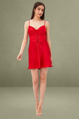 Red Mini Dress Sleeveless Cowl Neck Corset Waist Satin