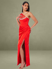 Lora Scarlet Crystal Embellished Mesh Satin Corset Gown
