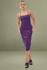 Purple Faux Leather Dress Sleeveless Scoop Neck Midi