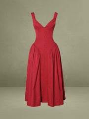 Nahla Red Drop Waist Midi Dress with Buttons