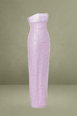 Lainey Purple Satin Sequin Pearls Beaded Maxi Dress