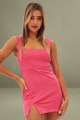 Pink Bodycon Dress Front Split Square Scoop Neck