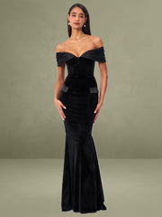 Qamra Black Velvet Off Shoulder Mermaid Maxi Dress
