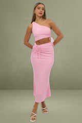 Pink Bodycon Dress One Shoulder Maxi