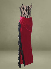Gaia Burgundy Lace Velvet Corset Side Slit Dress