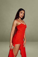 Red Maxi Bodycon Chiffon Dress with Ruffle and Slit