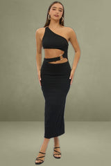 Black Bodycon Dress One Shoulder Textured