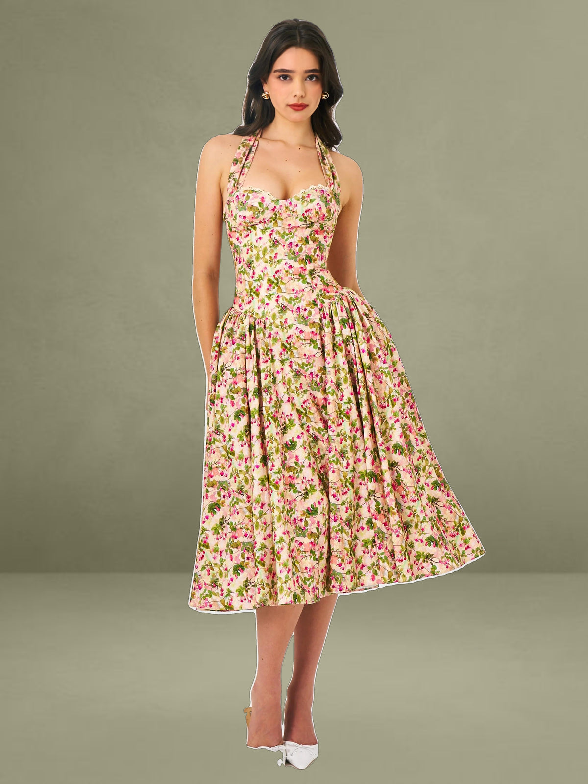 Niya Floral Print Linen Halter Corset Maxi Dress