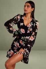 Black Floral Ruffle Dress Long Sleeve Flared Cuff Mini Dress