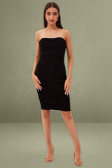 Black Midi Dress Bodycon Ruched Mesh