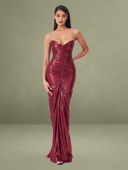 Sable Ruched Burgundy Glitter Mermaid Gown