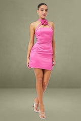 Pink Rosette Flower Crossover Mini Dress