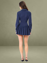 Navy Blue Denim Style Pleated Mini Dress