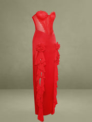 Red Satin Lace Corset Maxi Dress