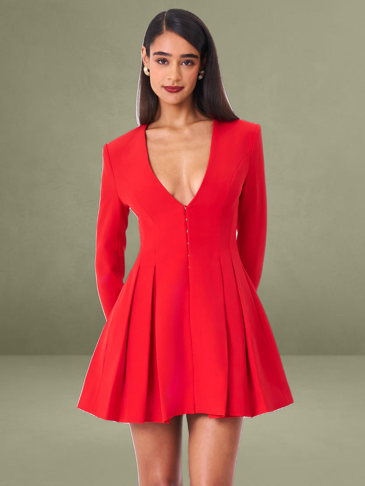 Ubah Red Blazer Pleated Button-up Long Sleeve Mini Dress