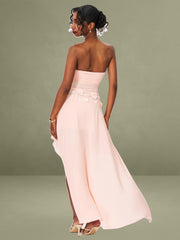Pink Ruched Breast Appliqué Trim Trailing Dress