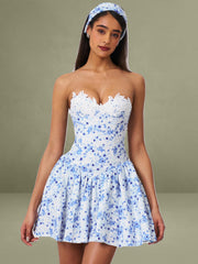 Taleah Blue Floral Print Linen Mini Dress with Lace Trim