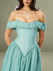 Xavy Teal Green Off Shoulder Corset Midi Dress