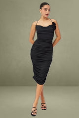 Black Bodycon Midi Dress Rose Strappy Rosette Gathered