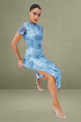 Blue Print Maxi Dress Short Sleeve Crew Neck Bodycon Mesh