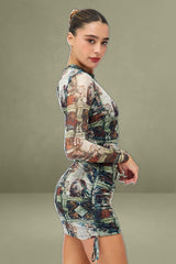 Multi Print Bodycon Dress Ruched Side Long Sleeve Mini