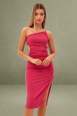 Magenta One Shoulder Dress Midi Bodycon